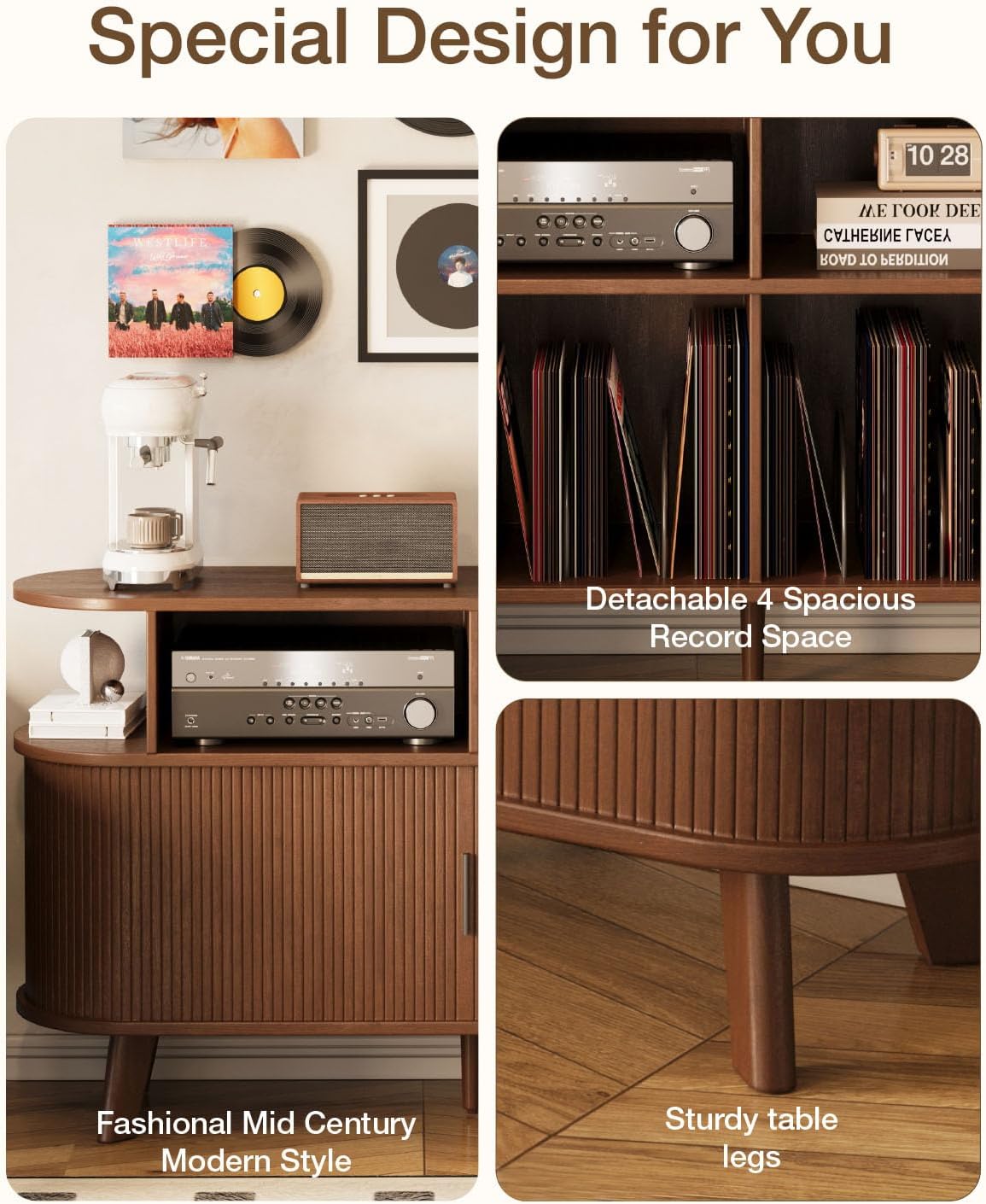 Record Player Stand, Midcentury Modern Furniture Turntable Stand with Sliding Doors, Audio-Video Shelving Cabinet, Fluted Media Stand and TV Stand for Living Room, Bedroom (Walnut) (Large)