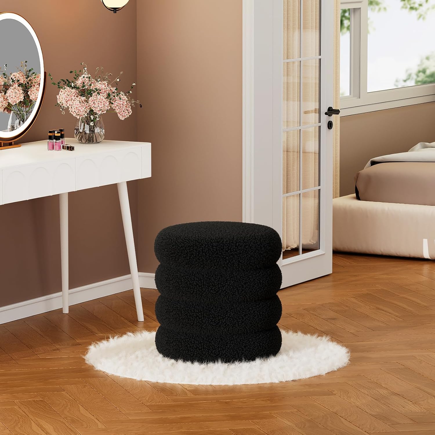 Soft Teddy Round Ottoman with Tray, 17.5 Inches Ottoman Coffee Table with Storage for Living Room, Vanity Stool with Storage Bedroom, Load up to 300 lb, No Assembly Required (Black)