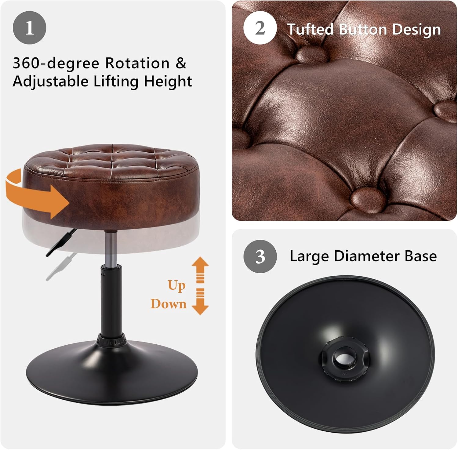 Velvet Tufted Makeup Chair, 360° Swivel Adjustable Vanity Chair Ottoman Stool Vanity Stool for Bedroom Modern Accent Chairs Big Size Stools for Living Room Bathroom, PU, Darkbrown