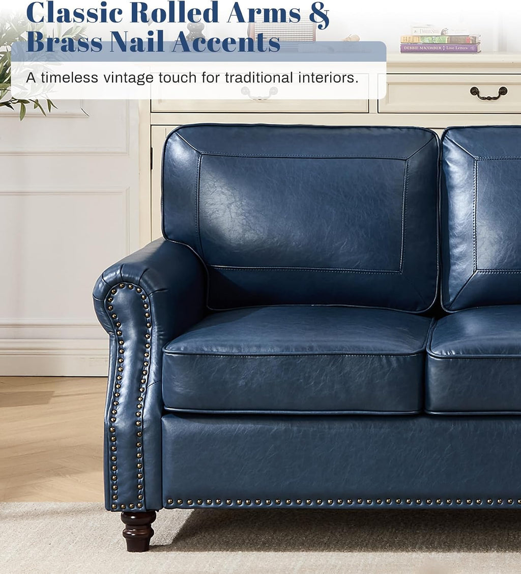 Kingfun Mid-Century Modern Couch, Faux Leather Sofa, 3 Seater Couch for Living Room with Rolled arms & Nailhead Trim, Blue