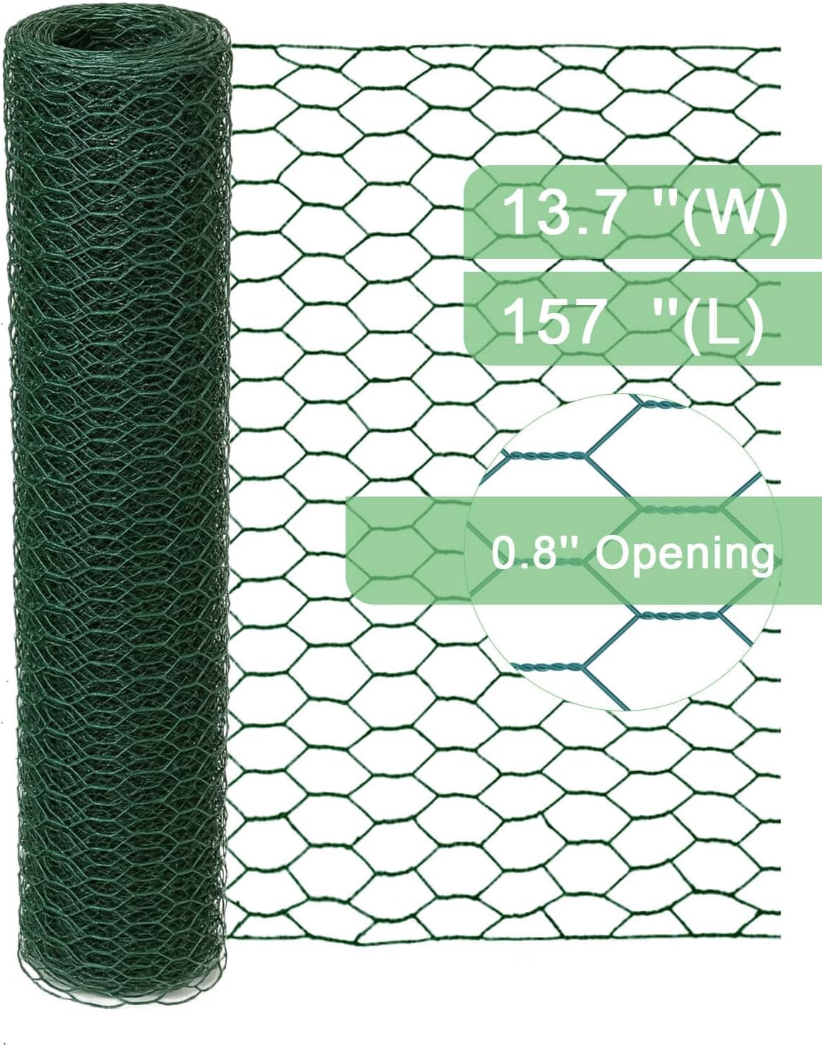 vensovo Green Chicken Wire for Crafts – 13.7"×157" PVC Coated Hexagonal Mesh Roll, cuttable and Shapeable Floral Wire Netting for Wedding Decorations, Garden Fencing