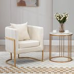 Velvet Accent Chairs Set of 2, Mid Century Modern Upholstered Barrel Armchair with Pillow for Living Room, Comfy Single Club Chair with Metal Gold Legs for Bedroom, White