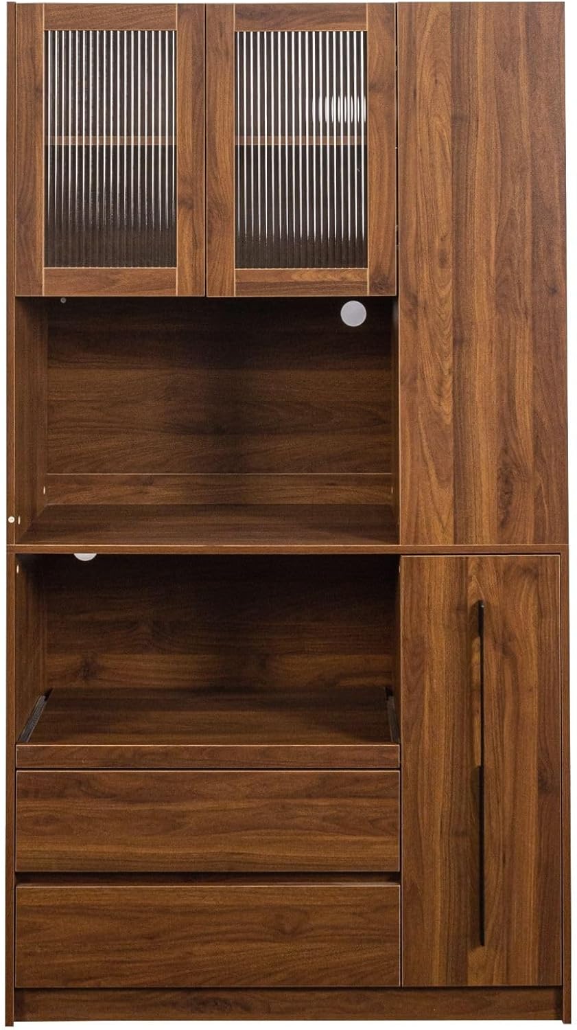 70.87" Kitchen Pantry Cabinet with Microwave Stand, Multi-Tier Pull-Out Storage Shelf, 4-Tier Side Shelf & Glass Door, Freestanding Food Hutch Buffet Sideboard for Dining Room, Walnut