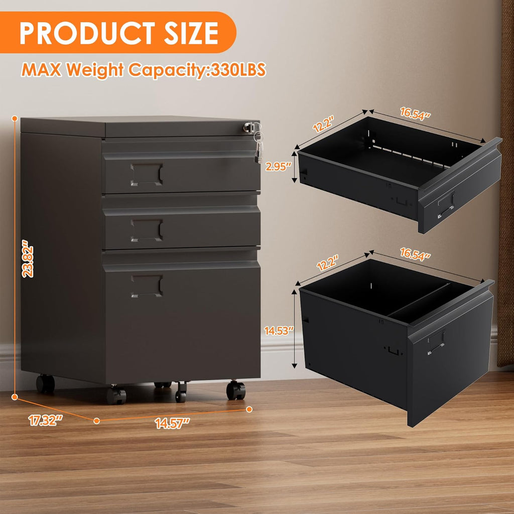 3 Drawer Metal File Cabinet with Wheels, Under Desk Rolling Filing Cabinet for A4/Letter/Legal Size, Lockable Mobile File Cabinet for Home Office, Black, Assembly Required