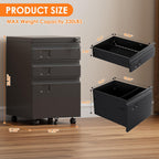 3 Drawer Metal File Cabinet with Wheels, Under Desk Rolling Filing Cabinet for A4/Letter/Legal Size, Lockable Mobile File Cabinet for Home Office, Black, Assembly Required