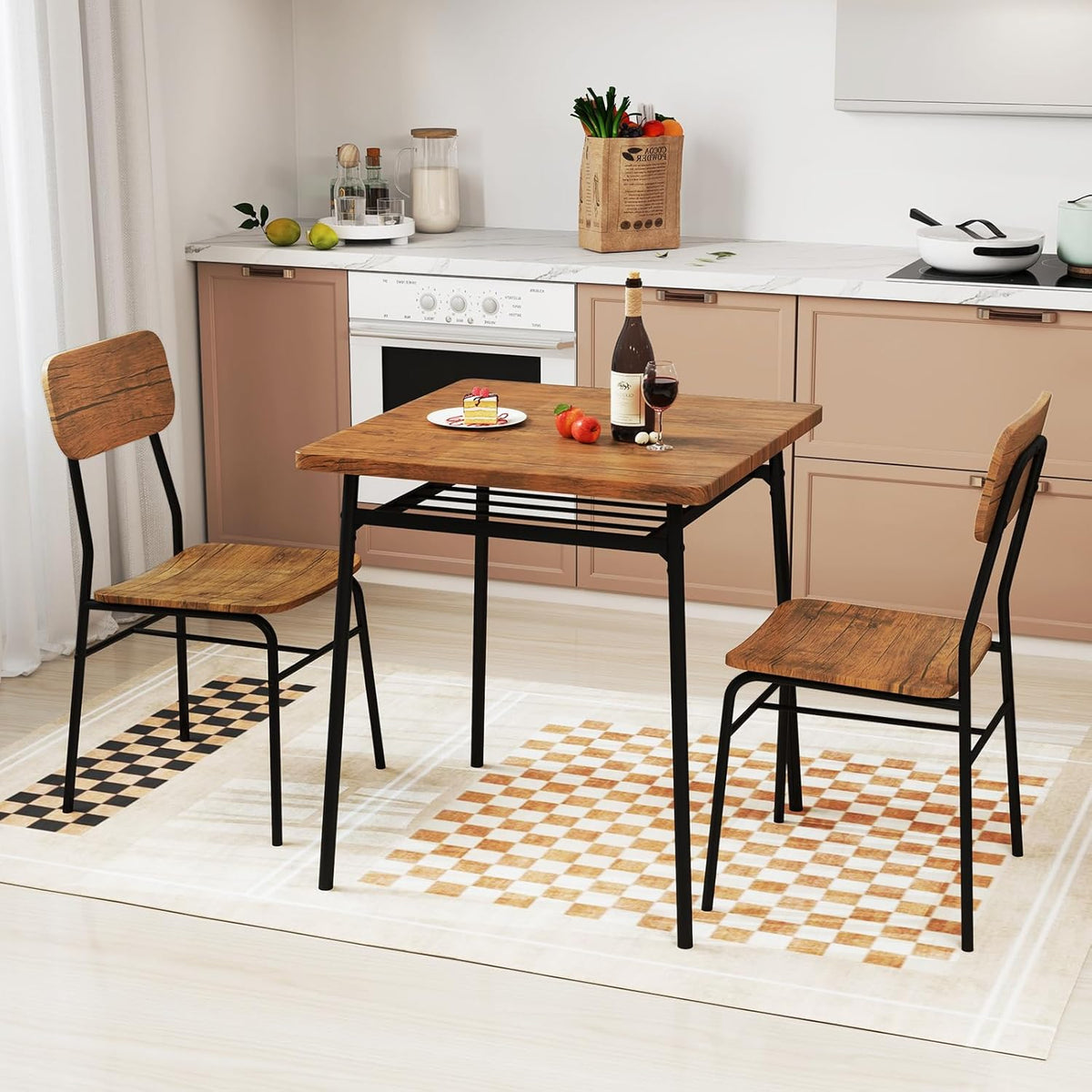 Giantex 3-Piece Dining Table Set, Kitchen Table Chairs Set with Dinner Table, Storage Rack, Metal Frame, Space-Saving Dinette Set for Breakfast Nook, Small Places, Restaurant, Dining Room Set for 2