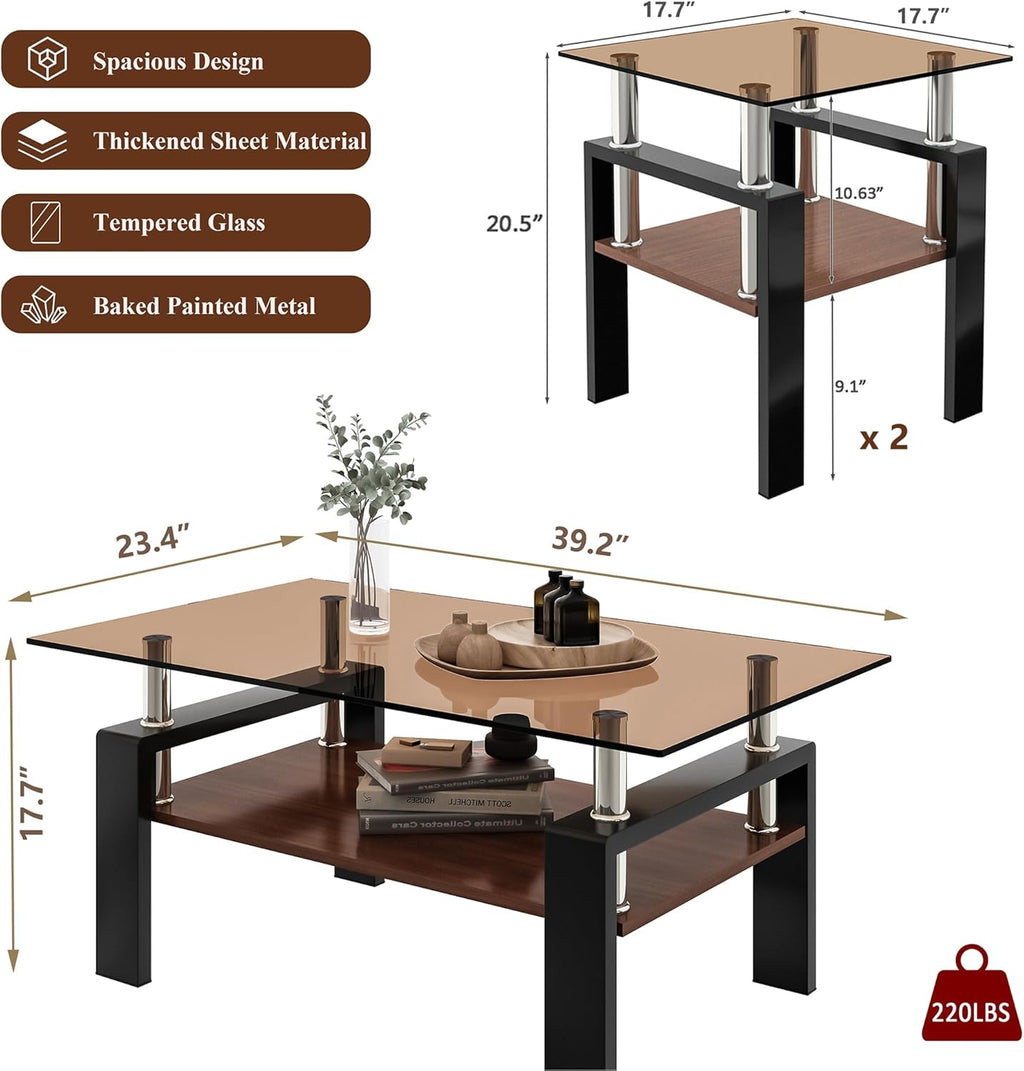 Brown Glass Coffee Table Sets of 3 for Living Room, 39" Mordern End Tables with Storage, Walnut Wooden Shelves & Black Metal Leg, Rectangle Center Table for Small Space Apartment