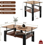 Brown Glass Coffee Table Sets of 3 for Living Room, 39" Mordern End Tables with Storage, Walnut Wooden Shelves & Black Metal Leg, Rectangle Center Table for Small Space Apartment