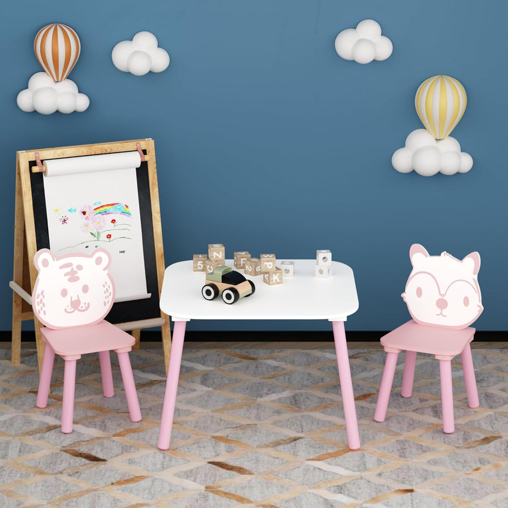 Kids Table and Chair Set 3-Piece Wooden Toddler Desk with Animal Backrest Pink and White Activity Table for Drawing Learning Playroom or Nursery