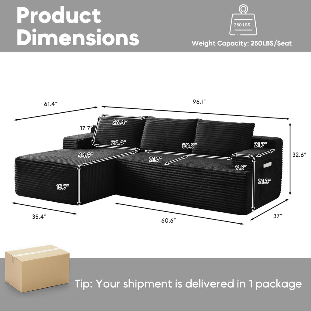96.1" Cloud Sectional Couch, Modern Modular L Shape Sectional Sofa with Deep Seat Chaise, Comfy Corduroy Couches for Living Room (Black, Left Chaise)