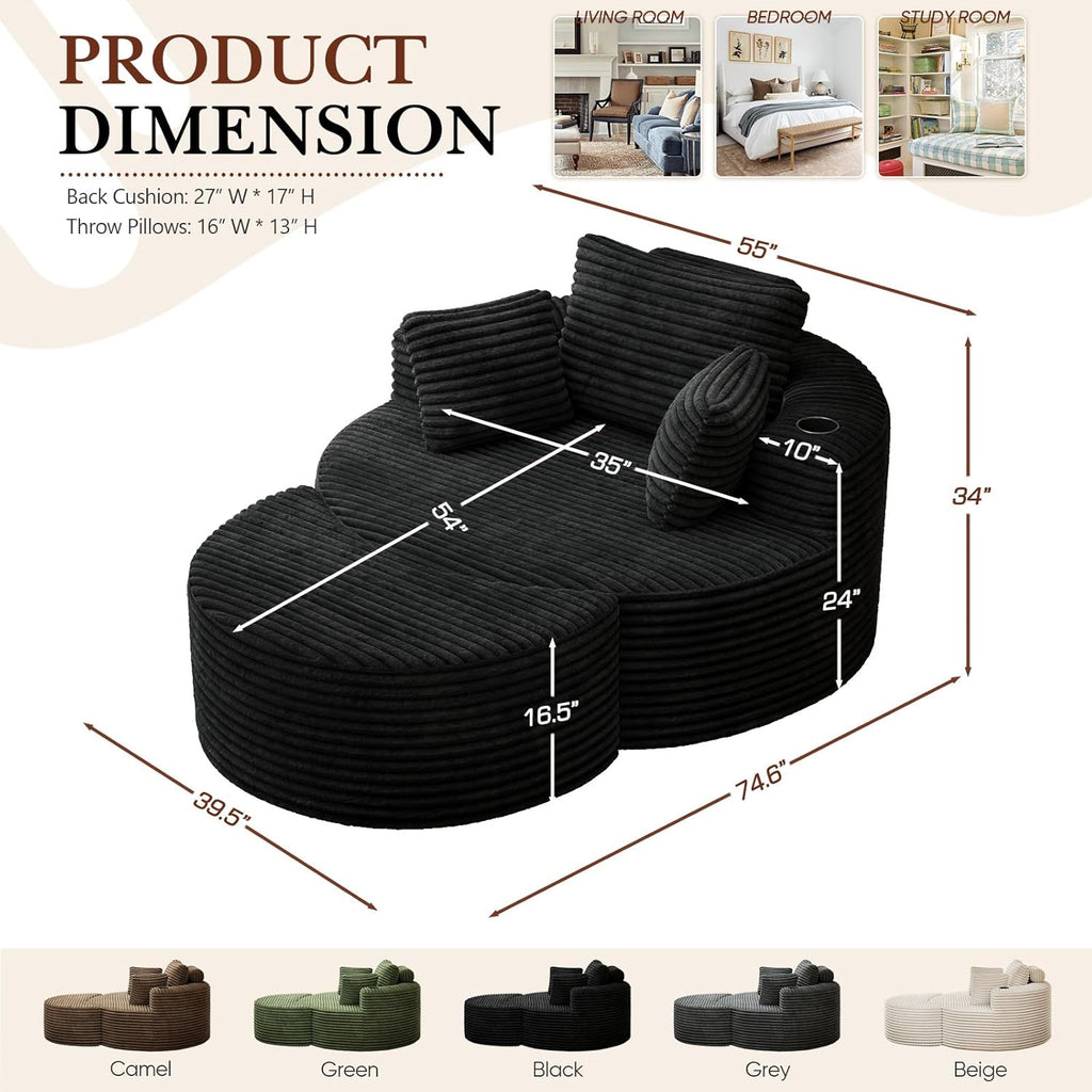 Oversized Round Chaise Longue Chair with Ottoman, Modern Corduroy Deep Seat Circle Single Cloud Floor Accent Chair w/Cup Holders for Living Room, Bedroom Apartment, 55" W * 74.6" D, Black
