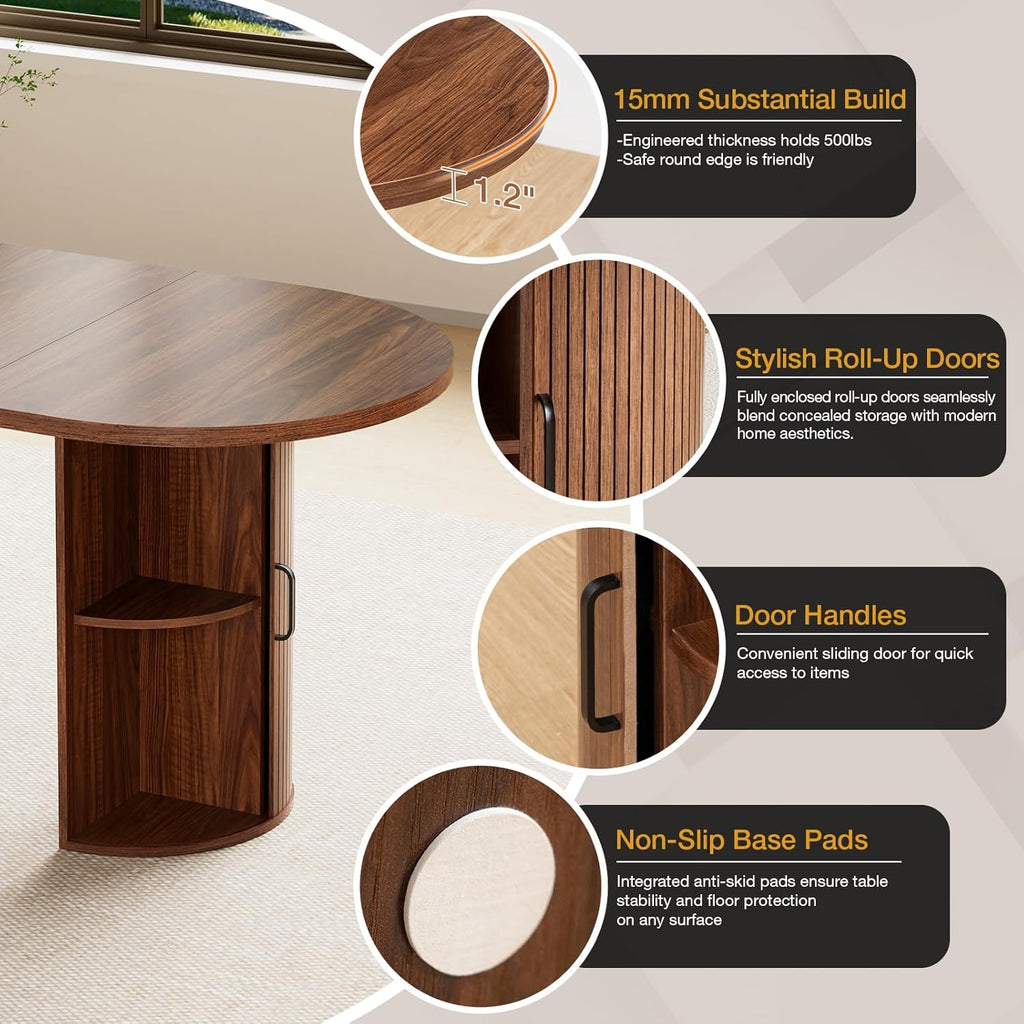 HOMMPA Oval Dining Table with Dual Side Storage 70.8" Modern Kitchen Table for 4 6 Person Farmhouse Table with Wood Strip Doors Wooden Round Dinner Tables for Kitchen Dining Room Living Room Walnut