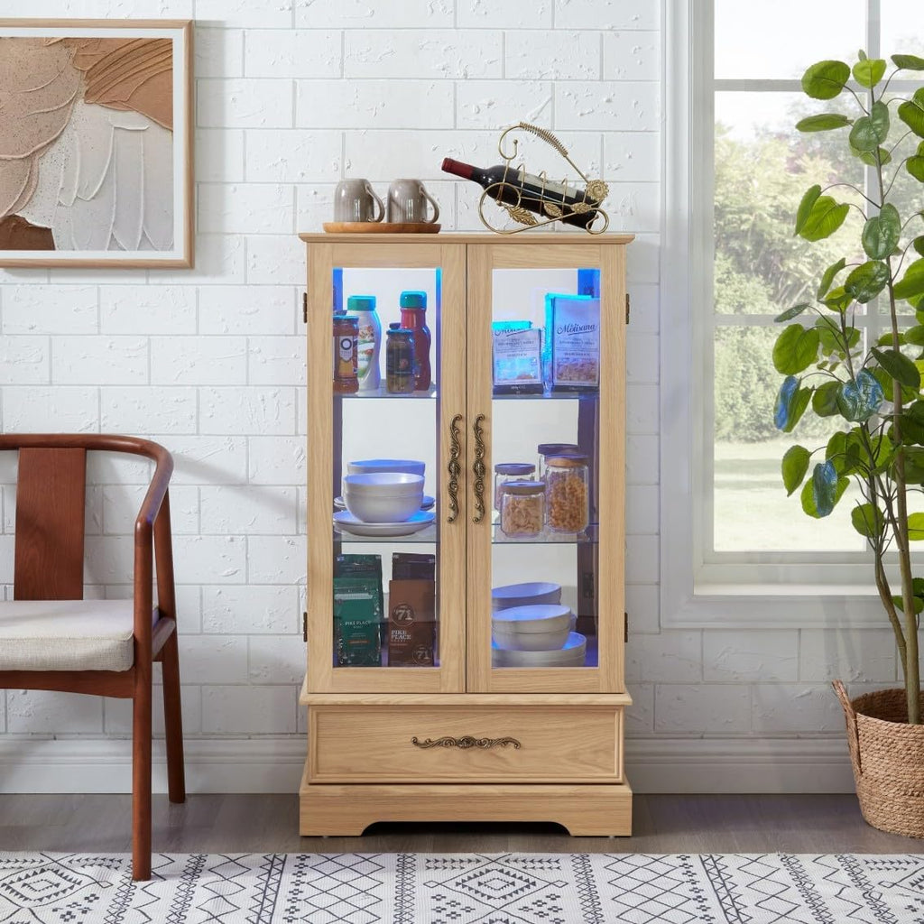 47" LED Glass Accent Curio Cabinet, 3-Tier Antique Storage Cage with Adjustable Shelves & Drawer, Acrylic Mirrored Pane, 7 Color Led Light, Small China Cabinet for Living Room/Kitchen (Oak - LED)