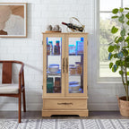 47" LED Glass Accent Curio Cabinet, 3-Tier Antique Storage Cage with Adjustable Shelves & Drawer, Acrylic Mirrored Pane, 7 Color Led Light, Small China Cabinet for Living Room/Kitchen (Oak - LED)