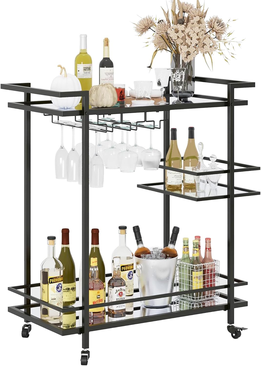 RiteSune Black Bar Carts for The Home, Wine Cart with Wheels | 3 Tier Home Serving Bar Cart Drink Cart with Mirror Shelves for Living Room, Party (28.5" D x 15" W x 32" H)