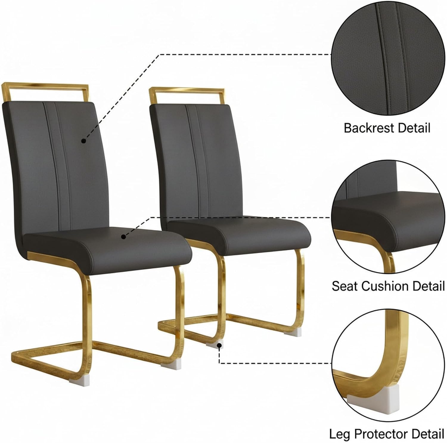 Set of 2 Modern Dining Chairs - Black PU Faux Leather Upholstered Armless Side Chairs with Cushioned Seat & Sturdy Metal Legs for Dining Room & Kitchen