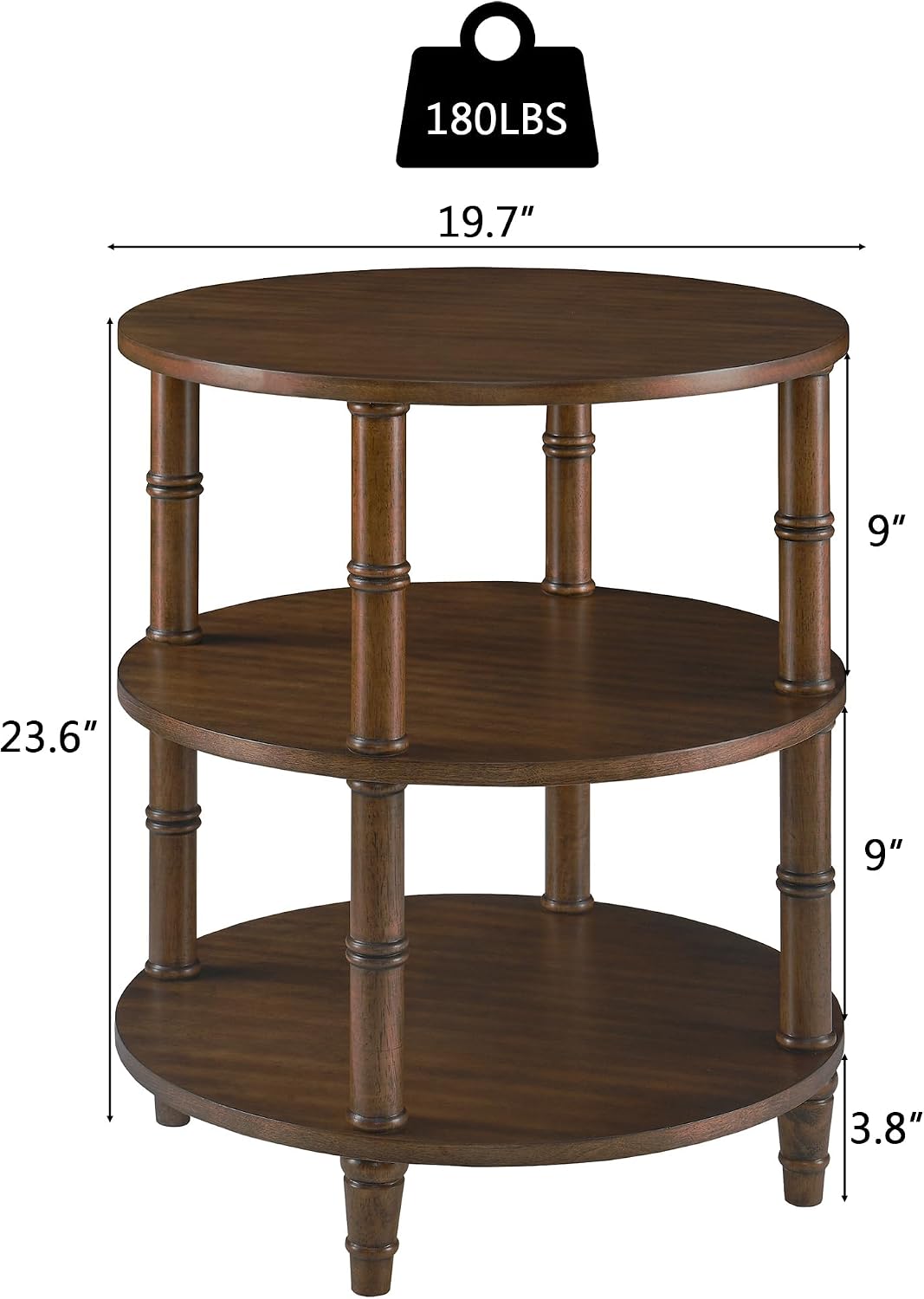 Round End Table with Storage Shelf, 19.7" High Sofa Side Table- with Bamboo Design, 3-Tier Beside Tables, Modern Telephone Tables- for Living Room, Corner, No-Tools Assembly, Walnut YBZ-D4166-LWA