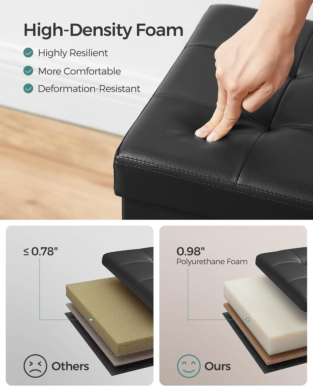 SONGMICS 30 Inches Folding Storage Ottoman Bench with Flipping Lid | Storage Chest Footrest Padded Seat, MDF Support, Ink Black, MINOTA Collection ULSF45BK