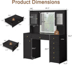 Einhomn Makeup Vanity Desk with Mirror & LED Lights, Large Glass Top Vanity Table with 7 Drawers & 3 Cabinets, Modern Dressing Table with Charging Station & RGB Lights for Bedroom, Black