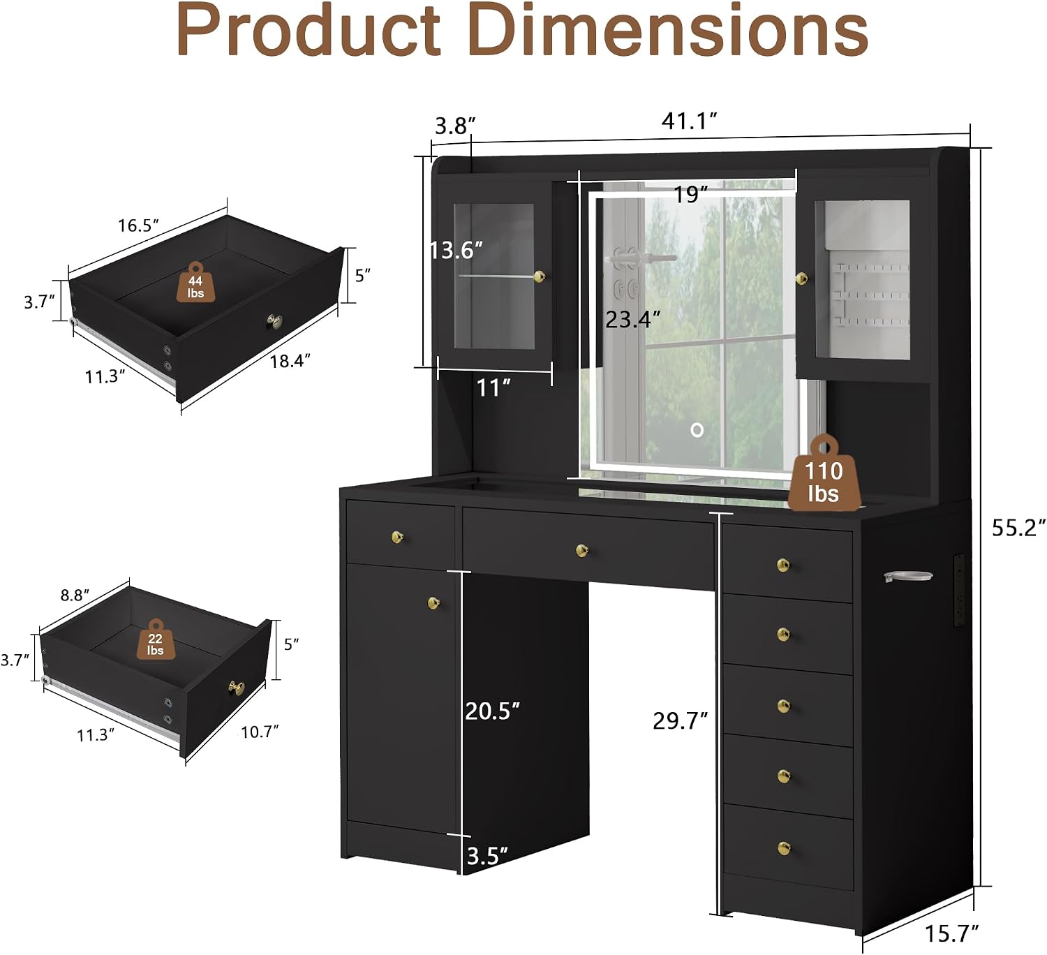 Einhomn Makeup Vanity Desk with Mirror & LED Lights, Large Glass Top Vanity Table with 7 Drawers & 3 Cabinets, Modern Dressing Table with Charging Station & RGB Lights for Bedroom, Black