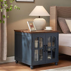 RWYHG Farmhouse End Table Set of 2 with Charging Station, 18'' Narrow Side Table and 24" Large Sofa Side Table with Glass Barn Door Storage, Wood Night Stand Bedside Table for Living Room,Bedroom