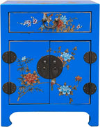 Chinese Bright Blue Vinyl Moon Face Flower Birds End Table Nightstand AGB064