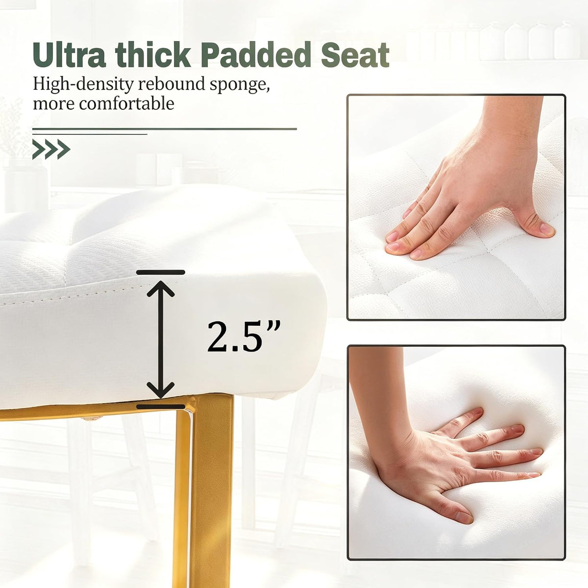 RNKSFX White & Gold Counter Height Bar Stools Set of 3 for Kitchen Counter Backless Kitchen Island Barstools with Upholstered Faux Leather Seat and Gold Base Modern 24 inch Bar Chairs No Back