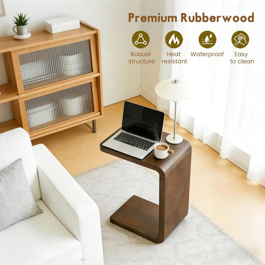 Lefedrasticity C Shaped End Table Small Side Table for Couch Walnut Sofa Table Wooden Narrow Couch Side Table Rustic C Table for Living Room Office Bedroom (Walnut)