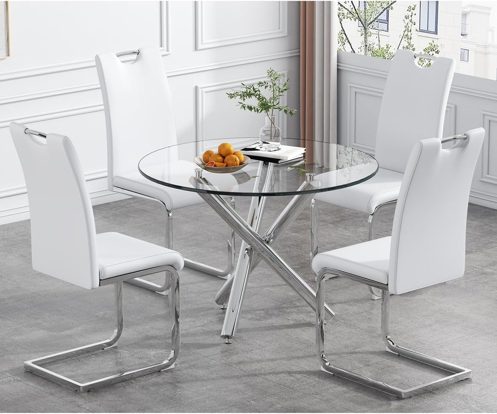 Round Glass Dining Room Table for 2-3, Modern Tempered Glass Top, Sturdy Chrome Legs, Adjustable Foot Pads, Kitchen Table for Living Room, Dining Room, Tea, Home, 35.5 Inch, Round Silver Base