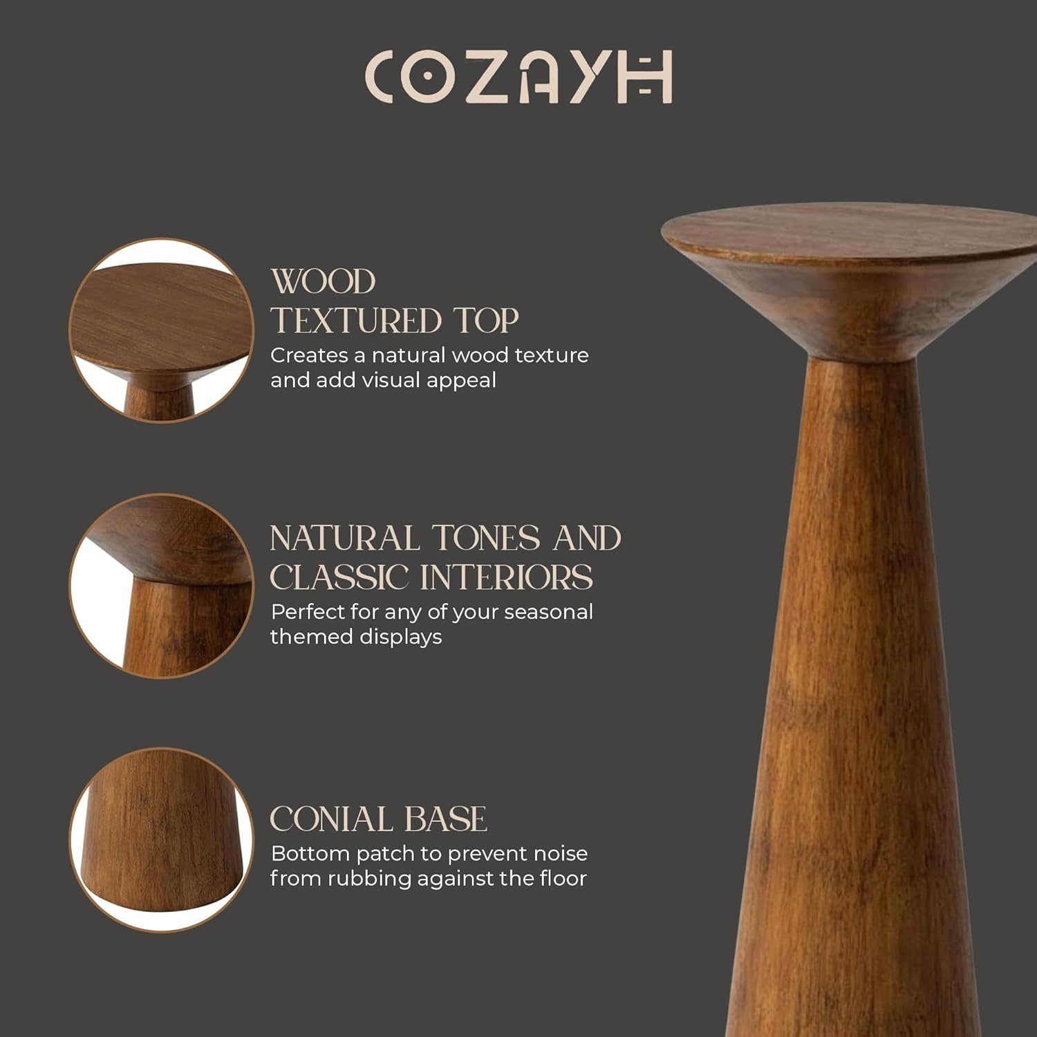 COZAYH Set of 2 22.8-Inch Tall Round Martini End Table, Walnut – Solid Pine Wood Pedestal Accent Drink Stand with Tapered Base – Farmhouse Modern Furniture for Living Room, Bedroom & Small Spaces
