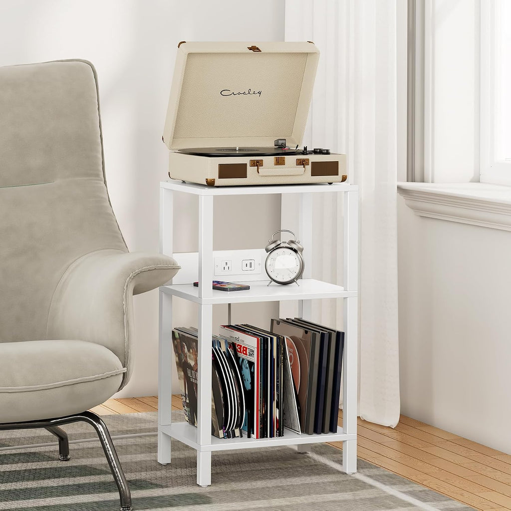 TUTOTAK Record Player Stand with Storage Up to 100 Albums | Record Storage Table, 3 Tier End Table with Charging Station, Side Table for Living Room, Bedroom, White TB01BW076