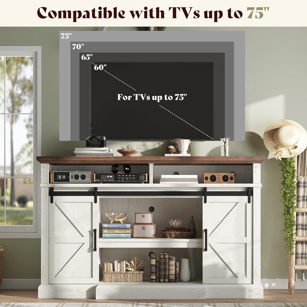 AMERLIFE 4-Piece Farmhouse Living Room Furniture Set with 66" TV Stand, Coffee Table & 2 End Tables, Barn Door Design, Large Storage Shelves, Built-in Charging Station & USB Ports, Distressed White