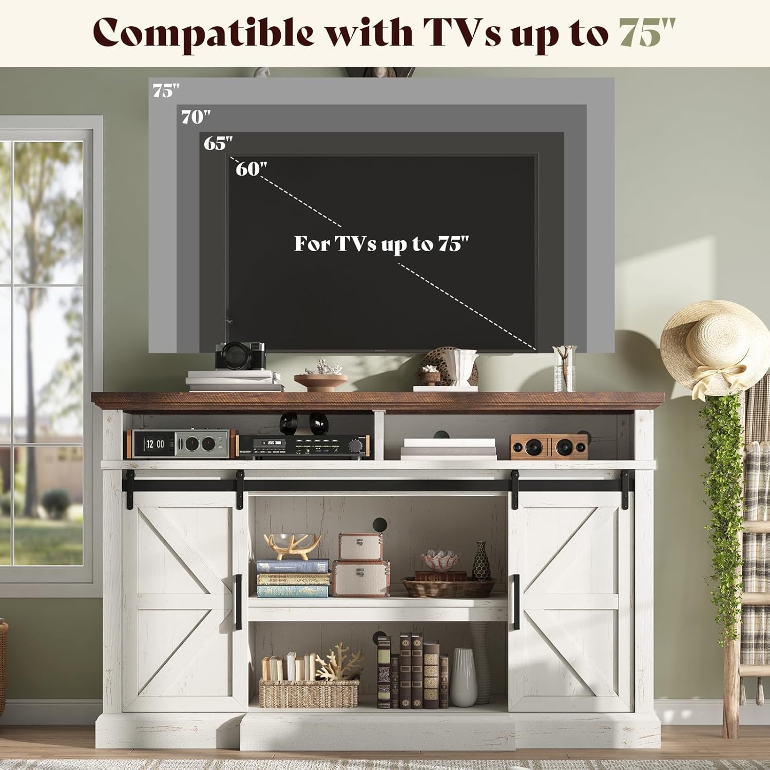 AMERLIFE 4-Piece Farmhouse Living Room Furniture Set with 66" TV Stand, Coffee Table & 2 End Tables, Barn Door Design, Large Storage Shelves, Built-in Charging Station & USB Ports, Distressed White