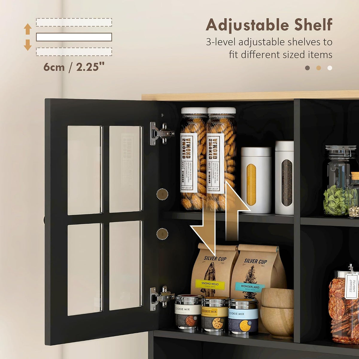 HOMCOM Kitchen Pantry Storage Cabinet 72" with Hutch, Black | Large Countertop, Freestanding, Glass Doors, Adjustable Shelves, Dining Room