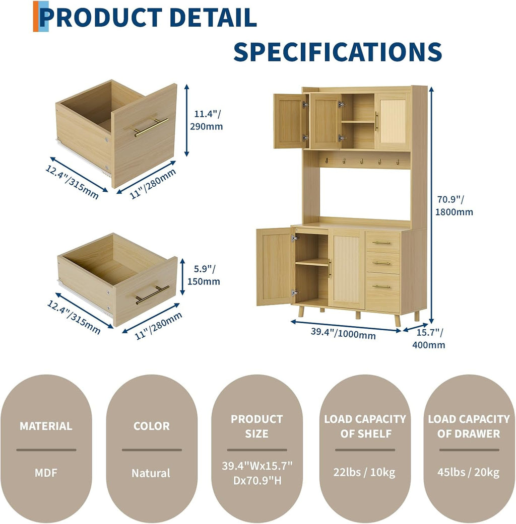 71" Tall Kitchen Pantry Cabinet, Freestanding Rattan Hutch with Microwave Stand, 3 Drawers & 6 Hooks, Kitchen Pantry Cabinet for Dining Room & Kitchen Organization