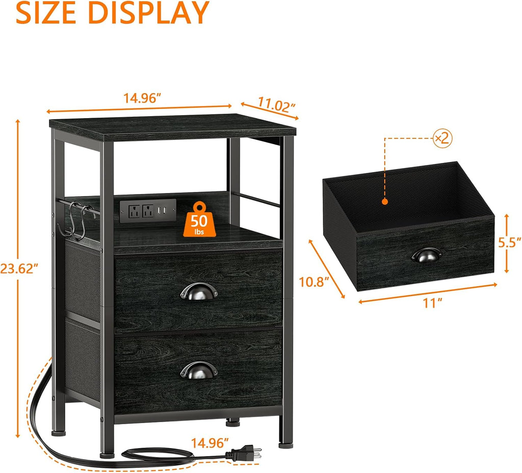 Furologee Nightstand with Charging Station, 2 Fabric Drawers, Black Oak | Night Stand Features USB Ports, Open Shelf, S Hooks, for Easy Living Room or Bedside Storage.