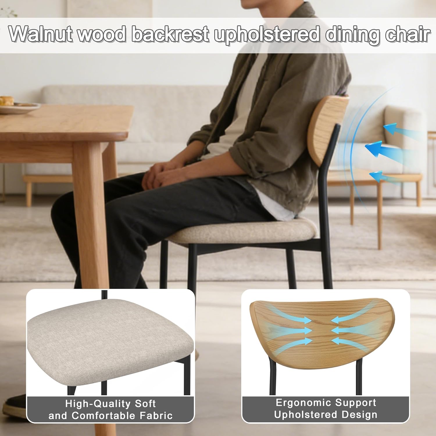 Beige Dining Chairs Set of 4, Upholstered Modern Kitchen Chairs Dining Room Chairs with Wood Curved Backrest & Metal Legs
