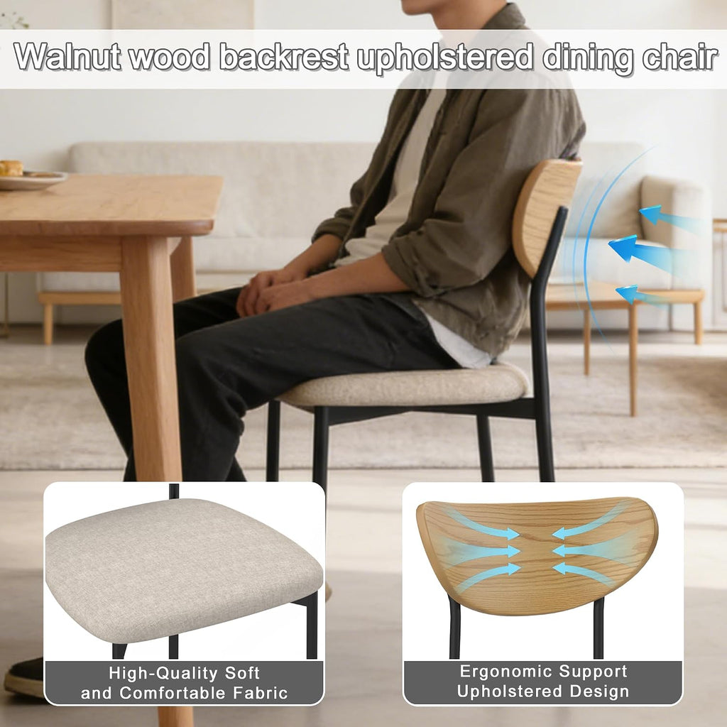 Beige Dining Chairs Set of 2, Upholstered Modern Kitchen Chairs Dining Room Chairs with Wood Curved Backrest & Metal Legs