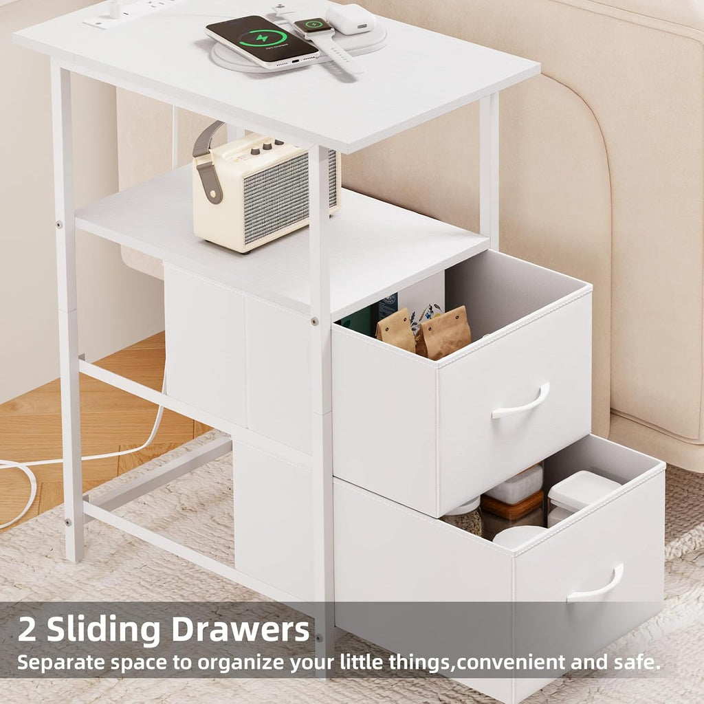 Somdot End Table with Charging Station, Narrow Side Table with 2 Fabric Drawers, Skinny Nightstand with Storage, Small Slim Bedside Table for Living Room, Sofa, Bedroom, Couch, White Leather