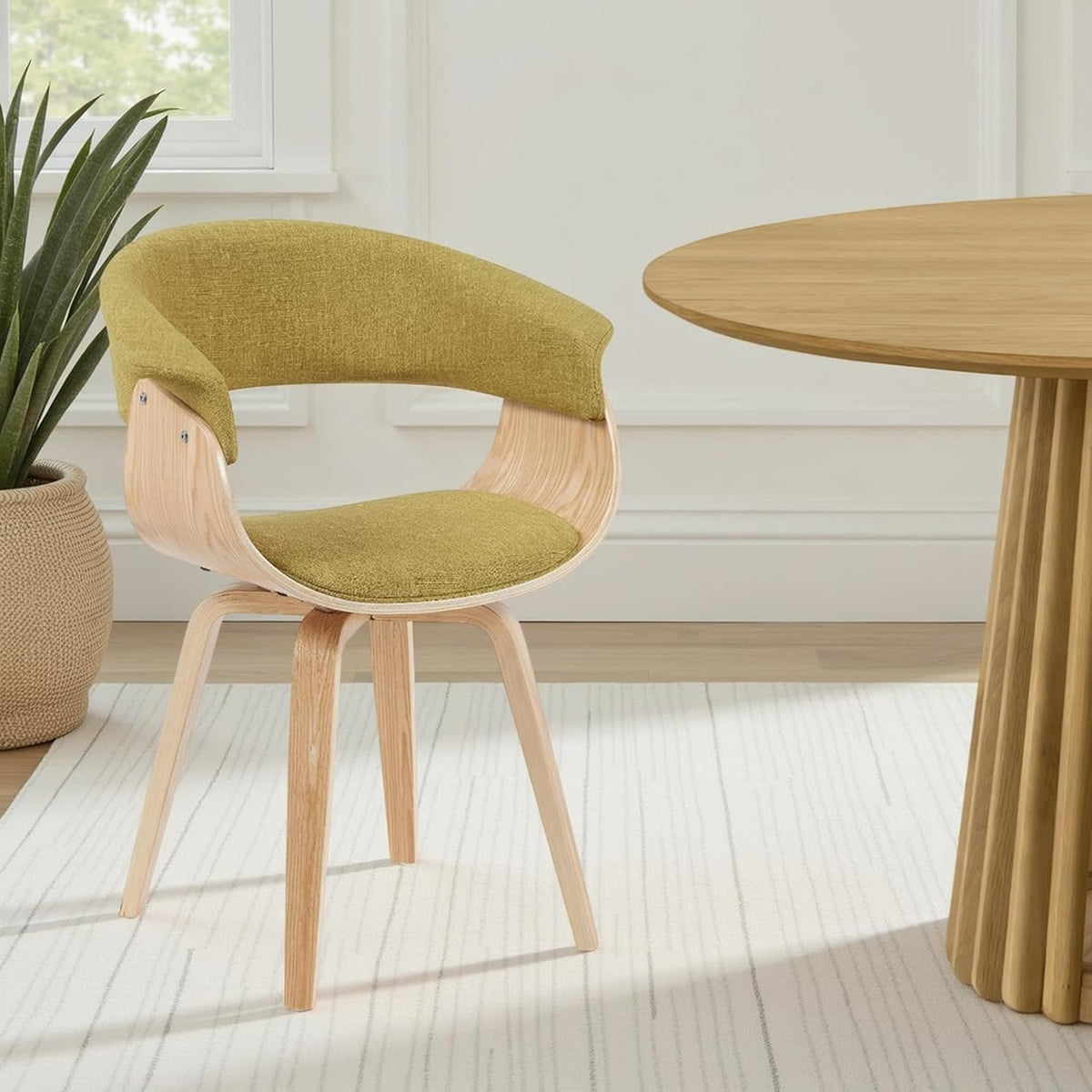 Armen Living Summer Mid-Century Upholstered Dining Chair in Green and Patterned Oak Finish