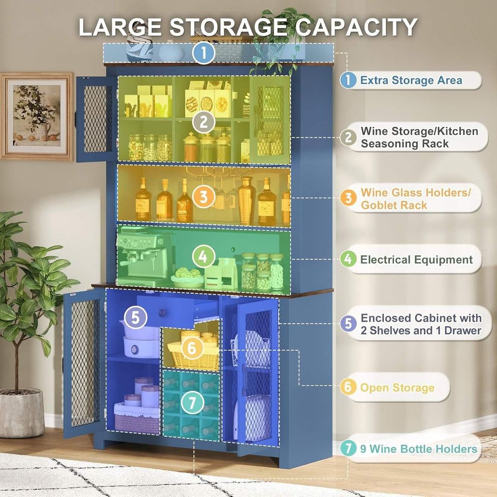 70.9" Kitchen Pantry Cabinet with LED Lights, Rustic Farmhouse Buffet Hutch with Wine Rack, Storage Cabinet with USB Charging Station, Coffee Bar Cabinet for Dining Room