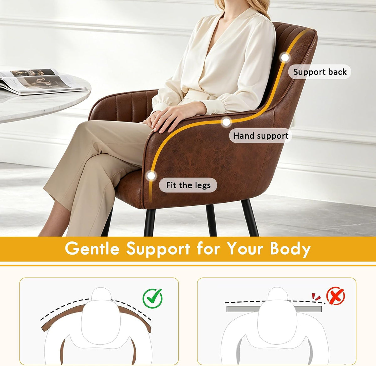 LSSPAID Dining Chairs Set of 2, Upholstered Faux Leather Modern Accent Vanity Armchair with Gold Metal Legs for Kitchen Bedroom Living Room, Brown