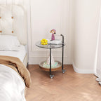 Sofa Side Table, 2-Tier Metal Frame Glass Top End Table on Wheels, Round Beside Tables with Storage Basket and Handle, Space Saving & Easy Assmable
