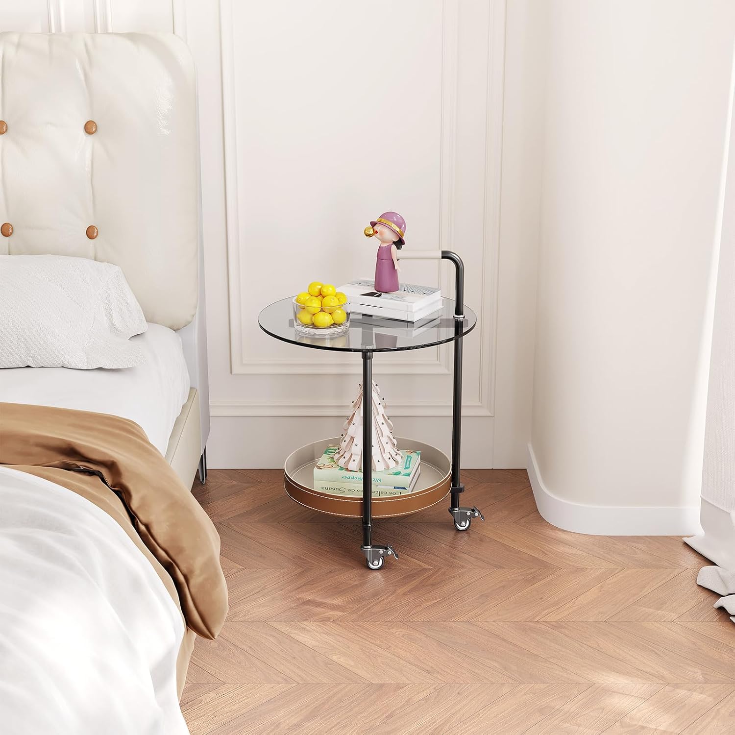 Sofa Side Table, 2-Tier Metal Frame Glass Top End Table on Wheels, Round Beside Tables with Storage Basket and Handle, Space Saving & Easy Assmable