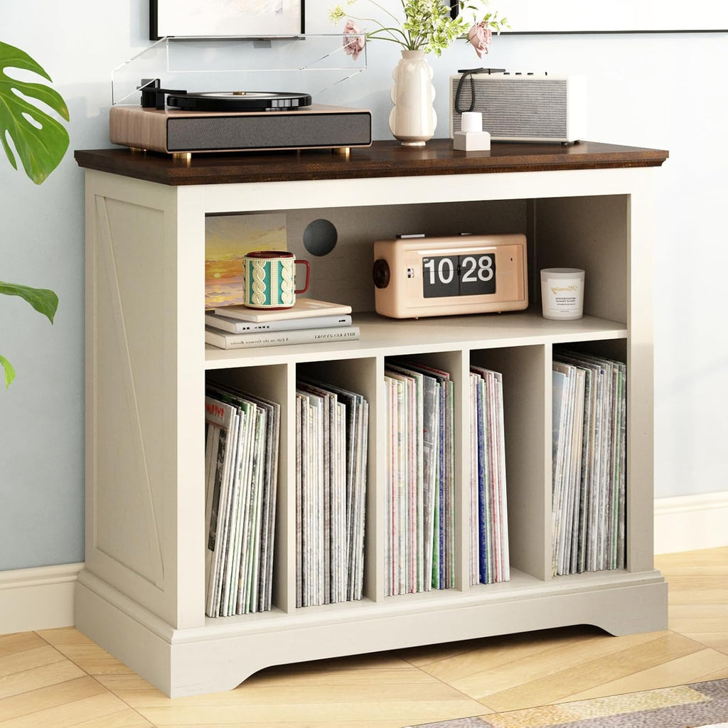RowyPoey Large Farmhouse Record Player Stand, Turntable Stand,Antique White | with Vinyl Record Storage, Wood Record Holder Storage Cabinet, Stereo Media Dispaly Shelf for Living Room, Bedroom, Office