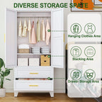 winiowa Metal Armoire Wardrobe Closet with 2 Drawers, 71" Wardrobe Cabinet with Adjustable Shelves and Hanging Rod, Clothing Storage Cabinet Closet with Mirror for Bedroom-White