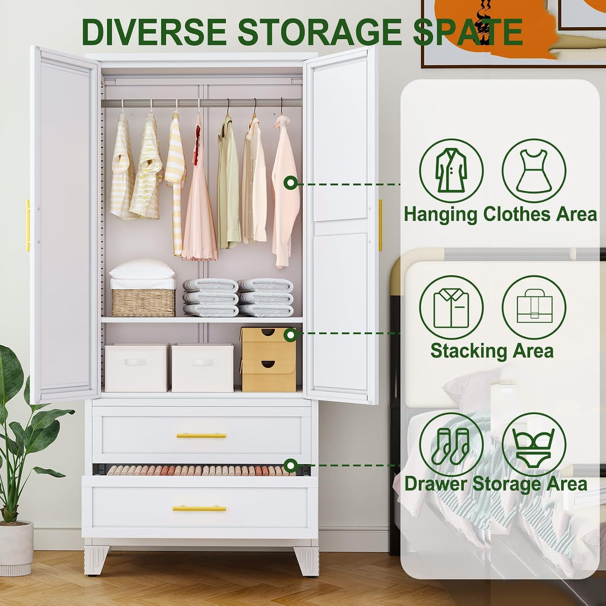winiowa Metal Armoire Wardrobe Closet with 2 Drawers, 71" Wardrobe Cabinet with Adjustable Shelves and Hanging Rod, Clothing Storage Cabinet Closet with Mirror for Bedroom-White