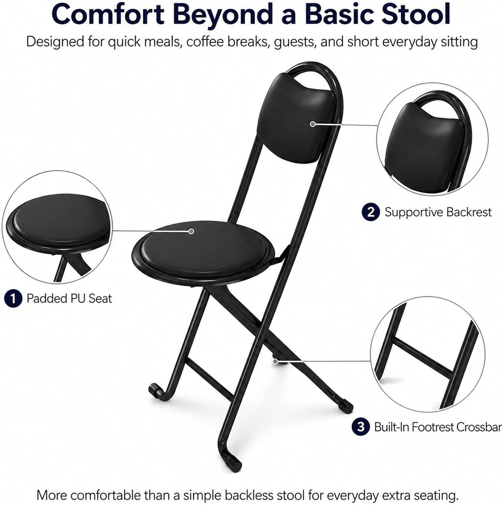 2 Pack Folding Stool with Back, 17 Inch Small Folding Chair, Black Stool with Padded PU Seat, Portable Foldable Stool Chair for Kitchen, Camping, Outdoor, Extra Seating, Black