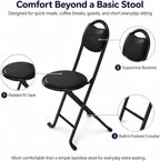 2 Pack Folding Stool with Back, 17 Inch Small Folding Chair, Black Stool with Padded PU Seat, Portable Foldable Stool Chair for Kitchen, Camping, Outdoor, Extra Seating, Black