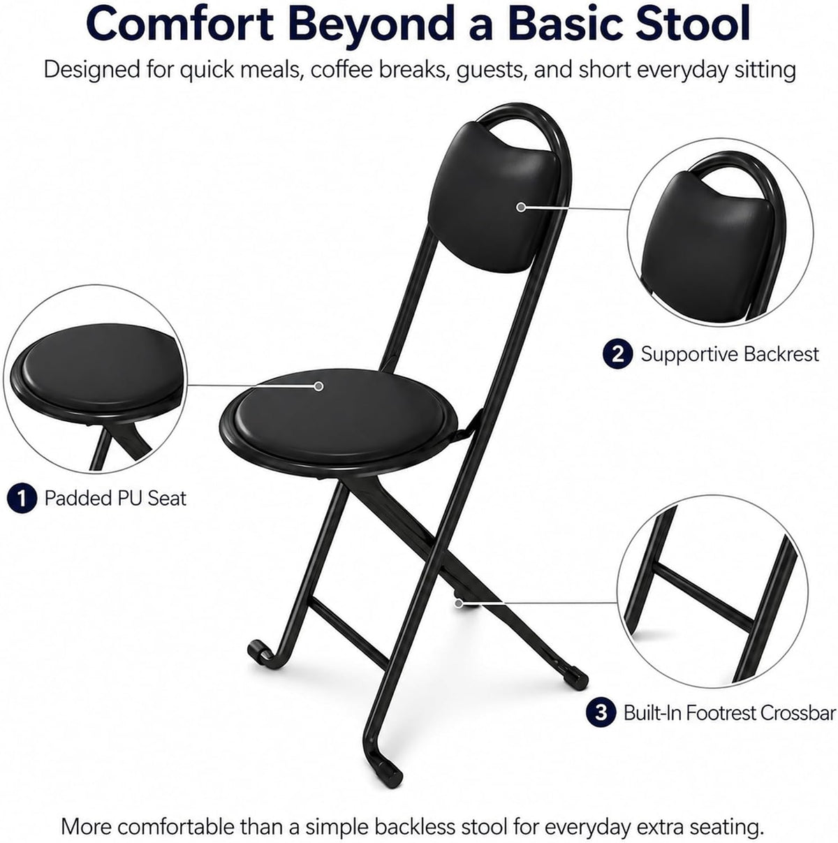 2 Pack Folding Stool with Back, 17 Inch Small Folding Chair, Black Stool with Padded PU Seat, Portable Foldable Stool Chair for Kitchen, Camping, Outdoor, Extra Seating, Black